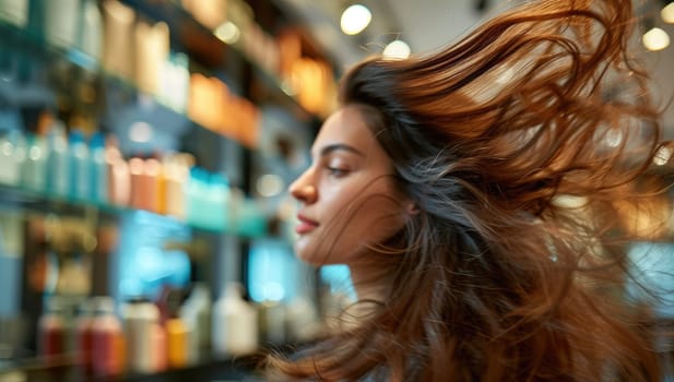 Close-up portrait of a beautiful young woman with long brown hair blowing in the wind.