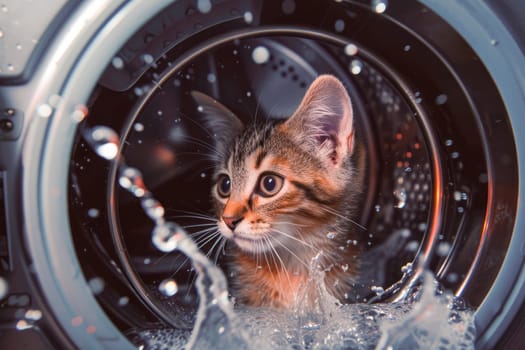 Washing machine drum with water flow,splashes and scared cat inside. Concept for - accidental entrapment of pets in a washing machine. AI generated