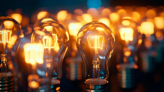 Close up many glowing lamps in a darkness.Concept of good ideas.AI generated