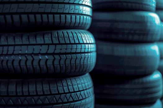 Stack of tires for sale in warehouse. AI generated