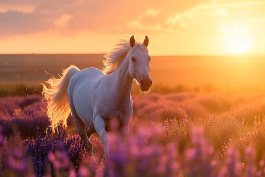Beautiful horse running in lavender field under sunset  sky. AI generated