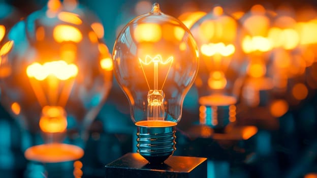 Group of many electric light bulbs with incandescent filament. AI generated