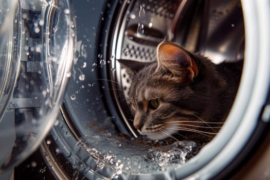 Washing machine drum with water flow,splashes and scared cat inside. Concept for - accidental entrapment of pets in a washing machine. AI generated