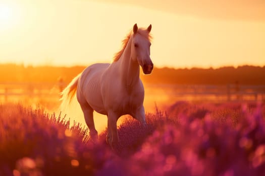 Horse free run in purple lavender flowers agaist sunset sky. AI generated