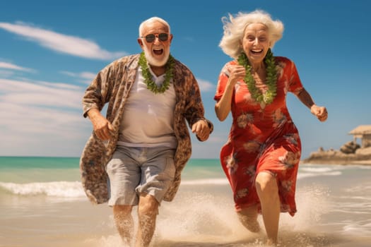 Old couple beach holiday. Two retire. Generate Ai