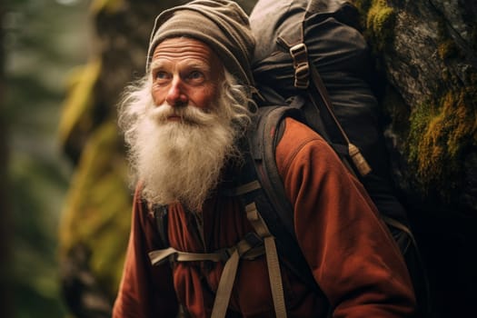 Aged Old man hiking. Happy senior person. Generate Ai