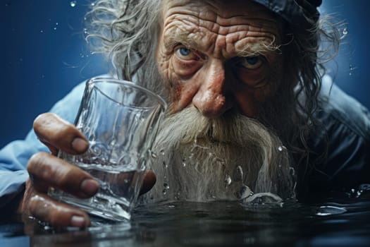 Solitary Old man lonely in cap with water glass. Lonely pain taking treating disease. Generate Ai