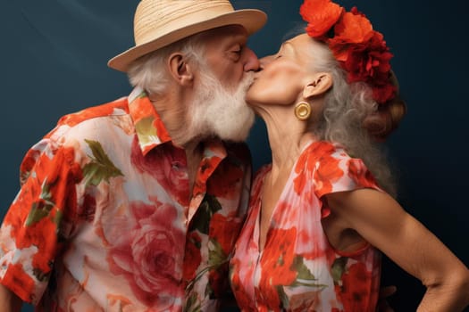 Nostalgic Old couple city summer kiss. Sunset senior. Generate Ai