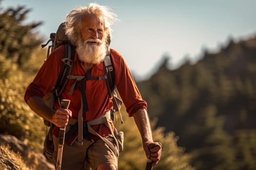 Adventurous Old man hiking. Happy senior person. Generate Ai