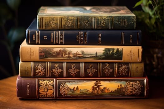 Weathered Old vintage books. Art stack concept. Generate Ai