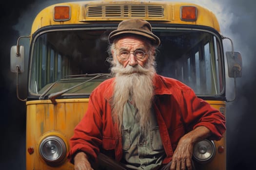 Old man school bus. Vehicle driver. Generate Ai