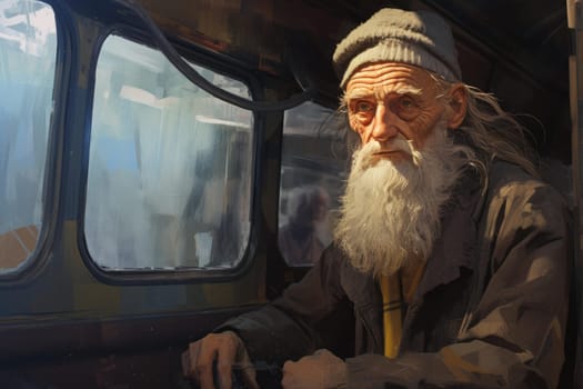Dilapidated Old man school bus. Vehicle driver. Generate Ai
