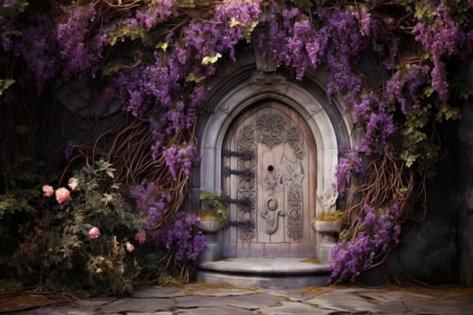 Delicate Purple fairy door flowers. Castle house. Generate Ai