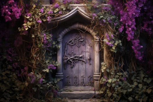 Vivid Purple fairy door flowers. Castle house. Generate Ai