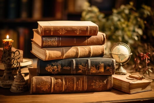 Cherished Old vintage books. Art stack concept. Generate Ai