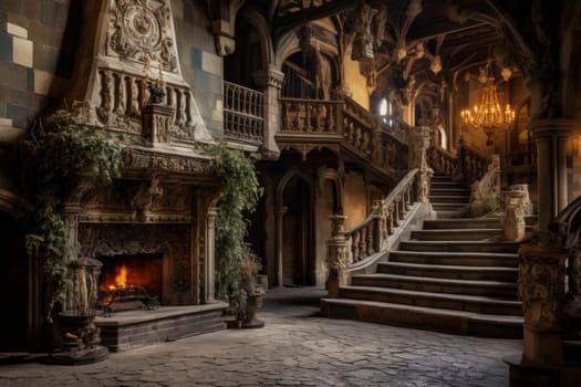 Ancient Old castle inside. Budapest interior palace. Generate Ai