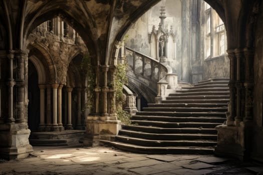 Crumbly Old castle inside. Budapest interior palace. Generate Ai
