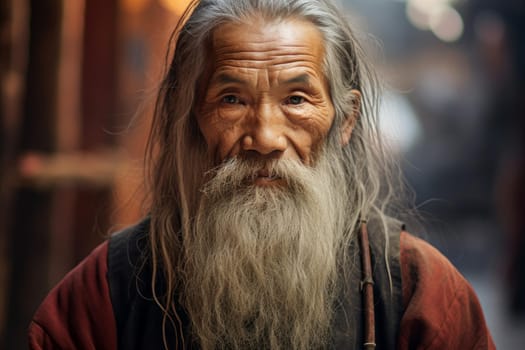 Weathered Old Chinese man. Senior Asian man with long white beard. Generate ai