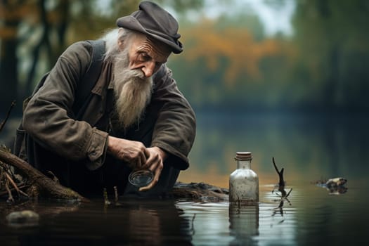 Aged Old man lonely in cap with water glass. Lonely pain taking treating disease. Generate Ai