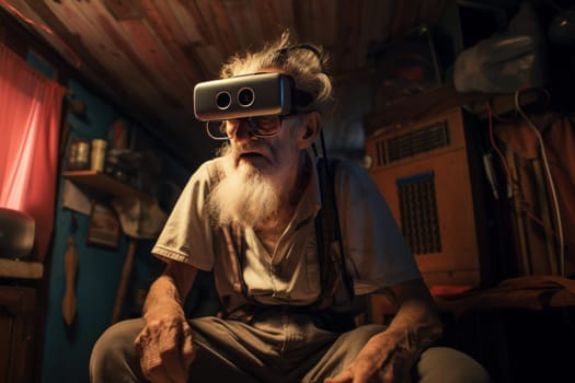 Chuckling Old man happy in vr glasses. Happy game. Fictional person. Generate Ai