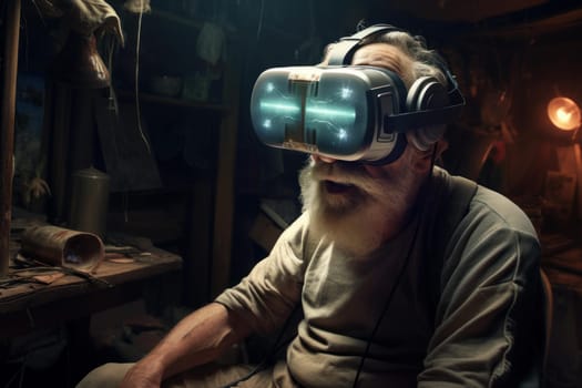 Full of pep Old man happy in vr glasses. Happy game. Fictional person. Generate Ai