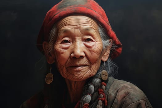 Old chinese woman sunset. Soft asian beauty. Generate Ai