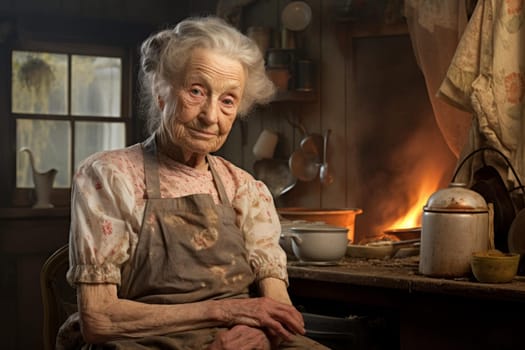 Grandma housewife at kitchen. Home portrait with sad aged woman. Generate Ai