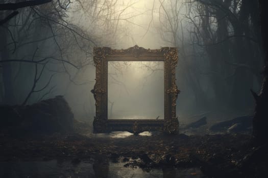 Eerie Old frame cinematic in wilderness dark forest. Film scene in mystical wild nature. Generate ai