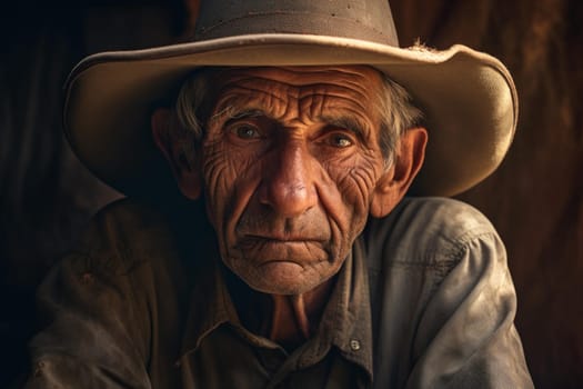 Traditional Old latino man with hat. Retired face. Generate Ai