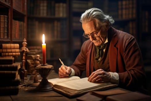 Old intelligent elegant librarian male. Cute old man portrait literary. Generate Ai
