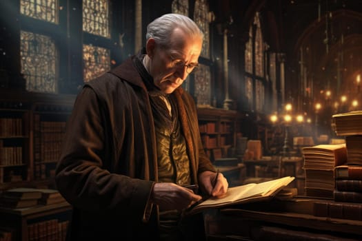 Sophisticated Old intelligent elegant librarian male. Cute old man portrait literary. Generate Ai