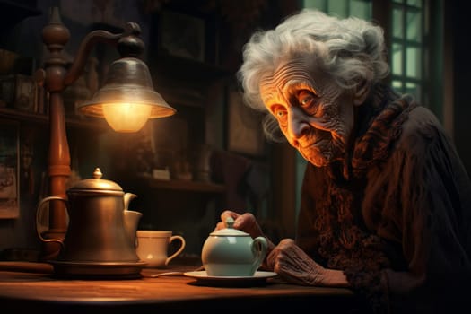 Old lady coffee. Cool lady pensioner. Fictional person. Generate Ai