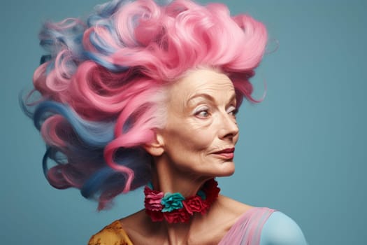 Unconventional Old lady colored hair. Face fun wavy. Fictional person. Generate Ai