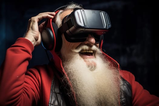 Smiley Old man happy in vr glasses. Happy game. Fictional person. Generate Ai