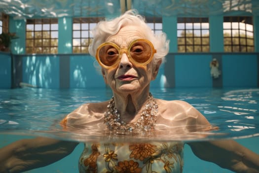 Old lady pool ring. Lady summertime. Generate Ai