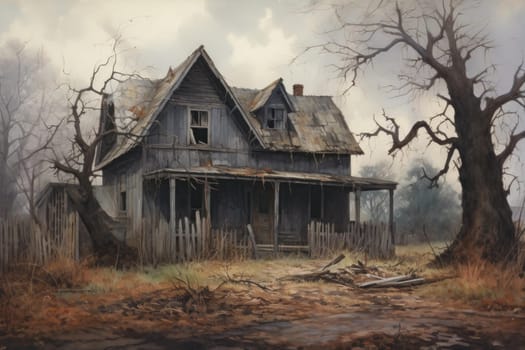 Eerie Old abandoned house. Scary cloudy. Generate Ai