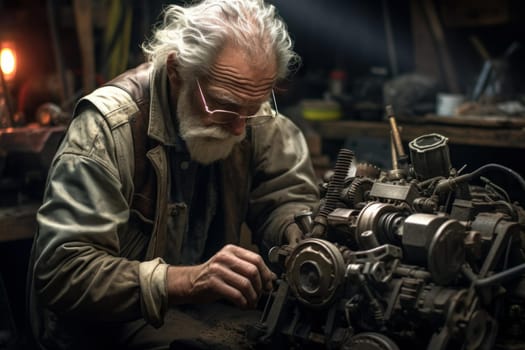 Elderly man mechanic repairing equipment. Senior male working in automotive garage service. Generate ai