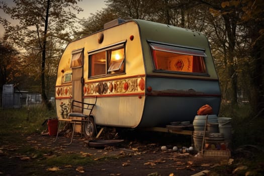 Old retro caravan. Tourism motor. Generate Ai