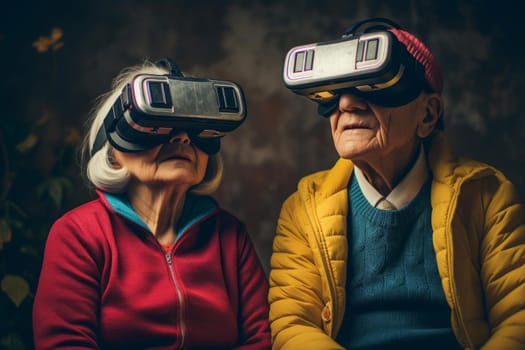 Delighted Happy old couple vr glasses. Person lifestyle. Generate Ai