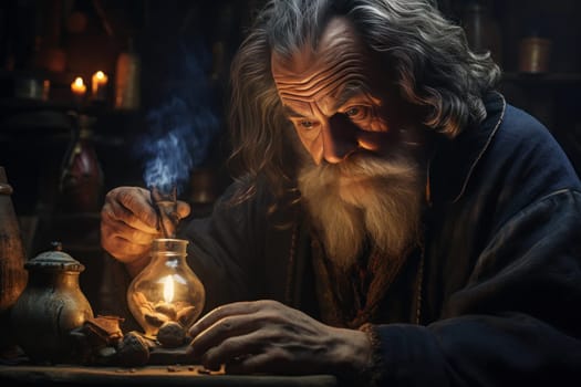 Mysterious Old medieval alchemist. Lab alchemy. Fictional person. Generate Ai