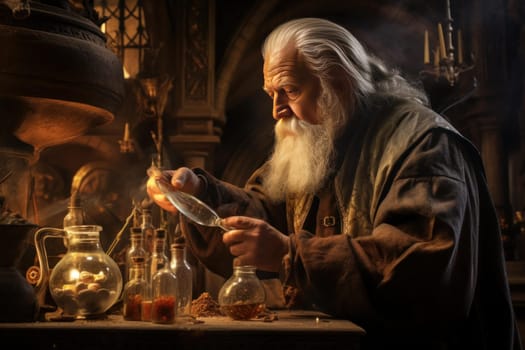 Mystical Old medieval alchemist. Lab alchemy. Fictional person. Generate Ai