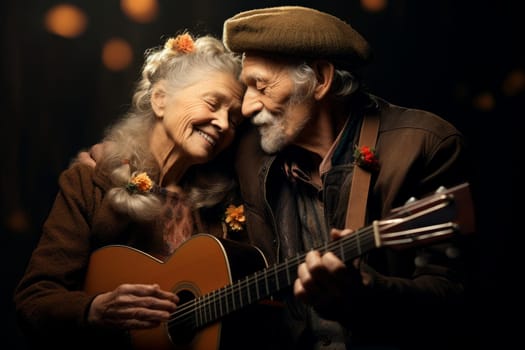 Old couple guitar play. Party love person nature outdoor. Generate Ai