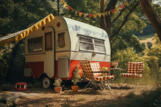 Quaint Old retro caravan. Tourism motor. Generate Ai