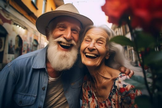 Nostalgic Senior old couple selfie. Female care. Generate Ai