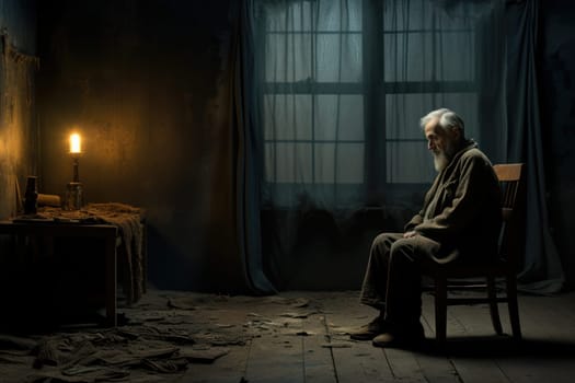Innocent old man sitting alone in front of the door. Home room. Generate Ai