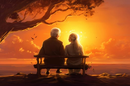 Serene Senior old couple sunset. Female active. Generate Ai