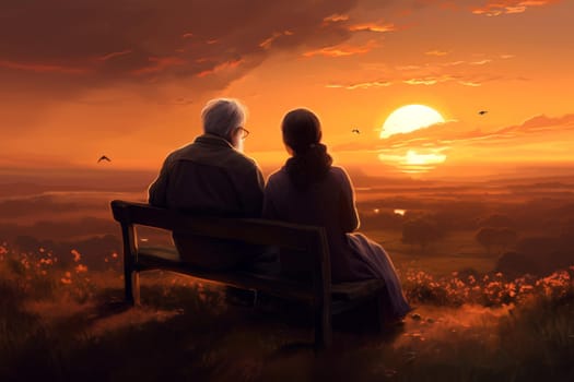 Nostalgic Senior old couple sunset. Female active. Generate Ai