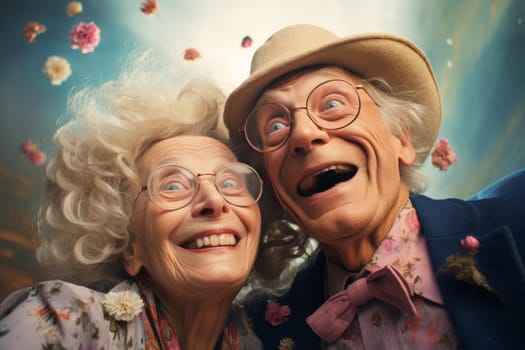 Cheerful Senior old couple selfie. Female care. Generate Ai