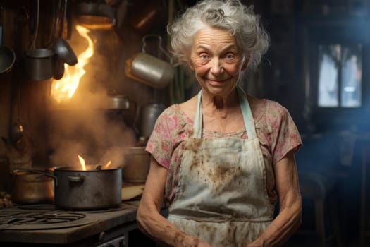 Nurturing Grandma housewife at kitchen. Home portrait with sad aged woman. Generate Ai