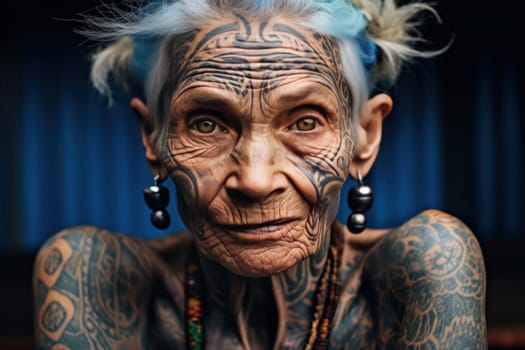 Old woman tattoo. Senior mature lady. Generate Ai